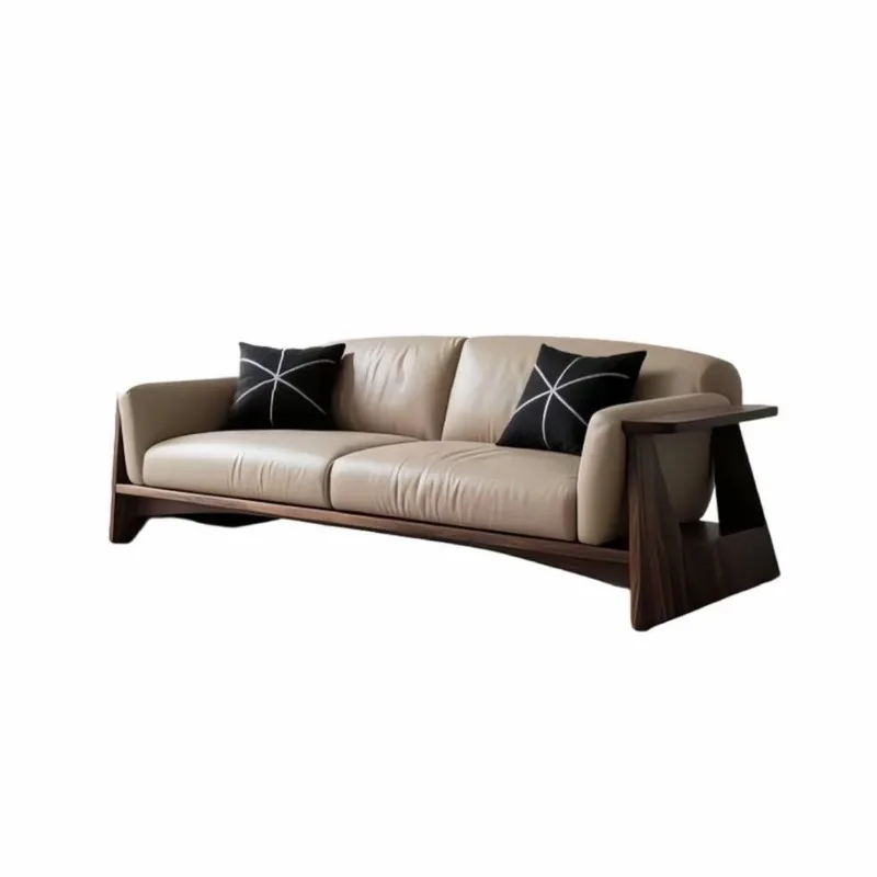 Medieval solid wood sofa 2026 new black walnut modern light luxury living room home leather art straight row three people