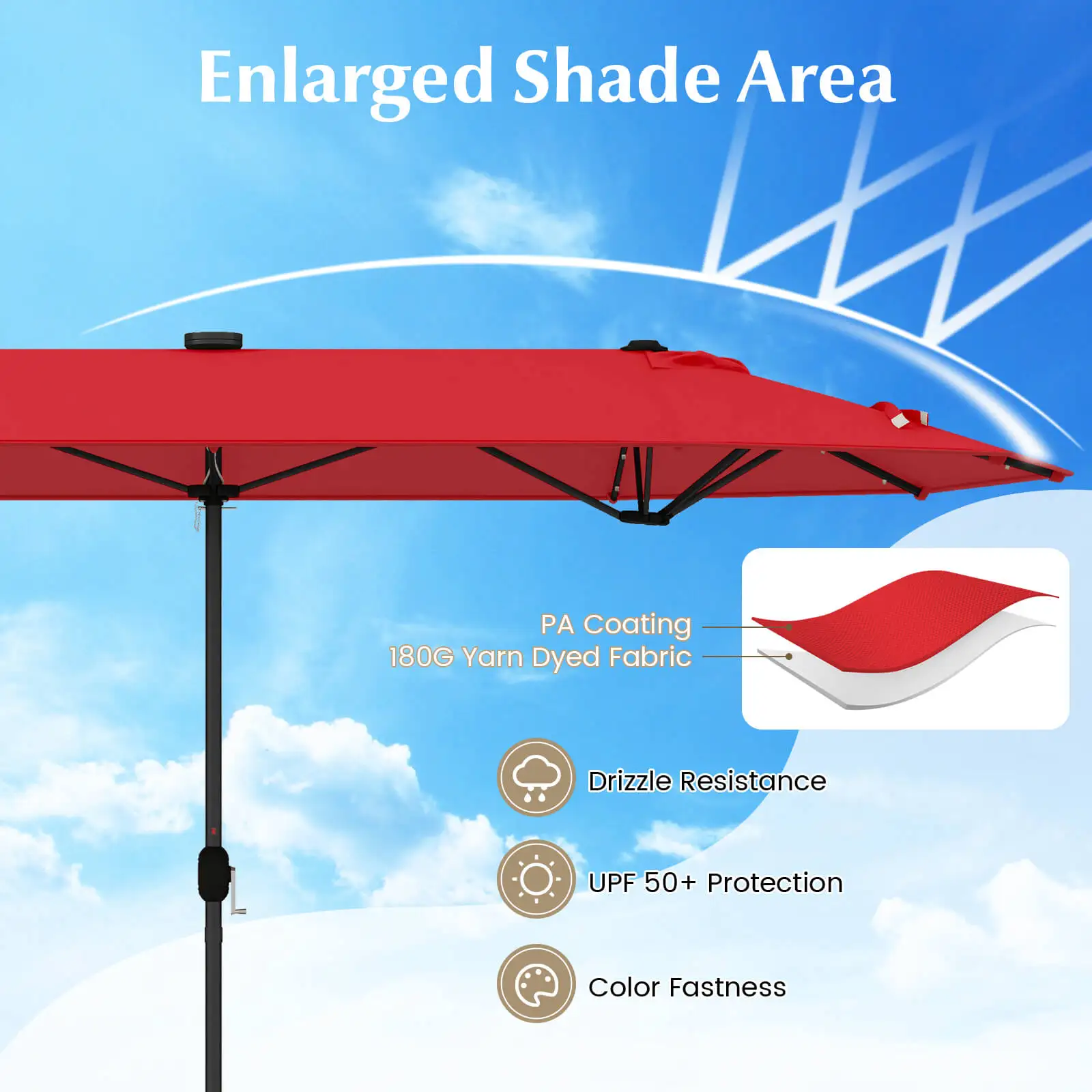 13FT Double-sided Patio Umbrella w/ Solar Lights Crank Handle Umbrella Base