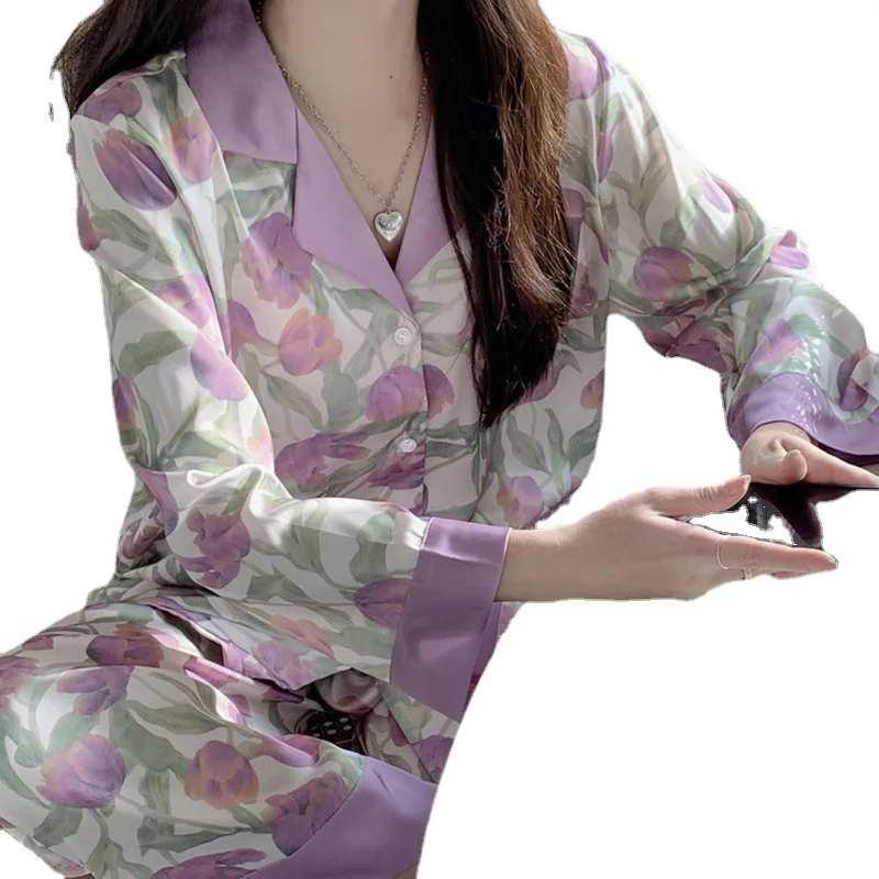 Summer Purple Tulip Lapel Cardigan Pajamas for Women Sweet Homewear Fashion Nightwear Soft Satin Silk Luxury Korean Sleepwear