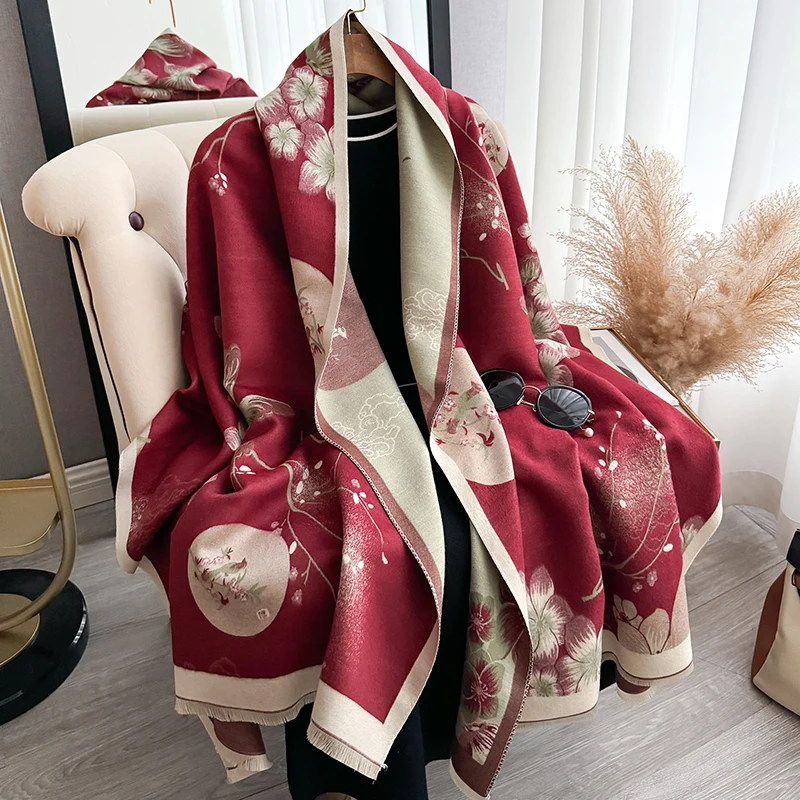 Autumn and Winter Thickened Designer Women\'s Scarf Luxury Flower Double-Sided Faux Cashmere Scarf Warm Shawl 2024 New