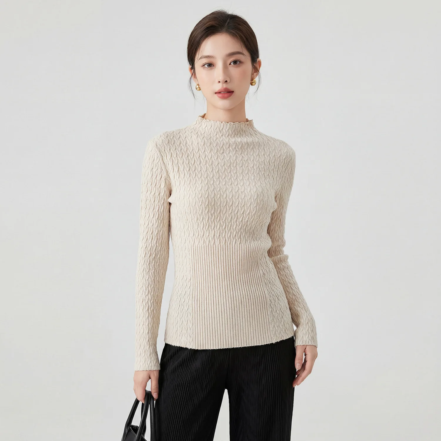 

Women's Long Sleeved Top Spring Autumn New Style Solid Color Simple Versatile Base Shirt Fashion Miyake T-shirt