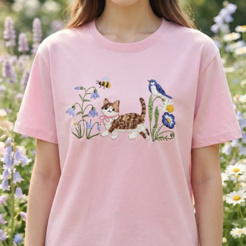 Womens Cute Cat Bird Bee Flower Graphic T Shirts Embroidery Style Print Casual Short Sleeve Crew Neck Loose Fit Summer Top