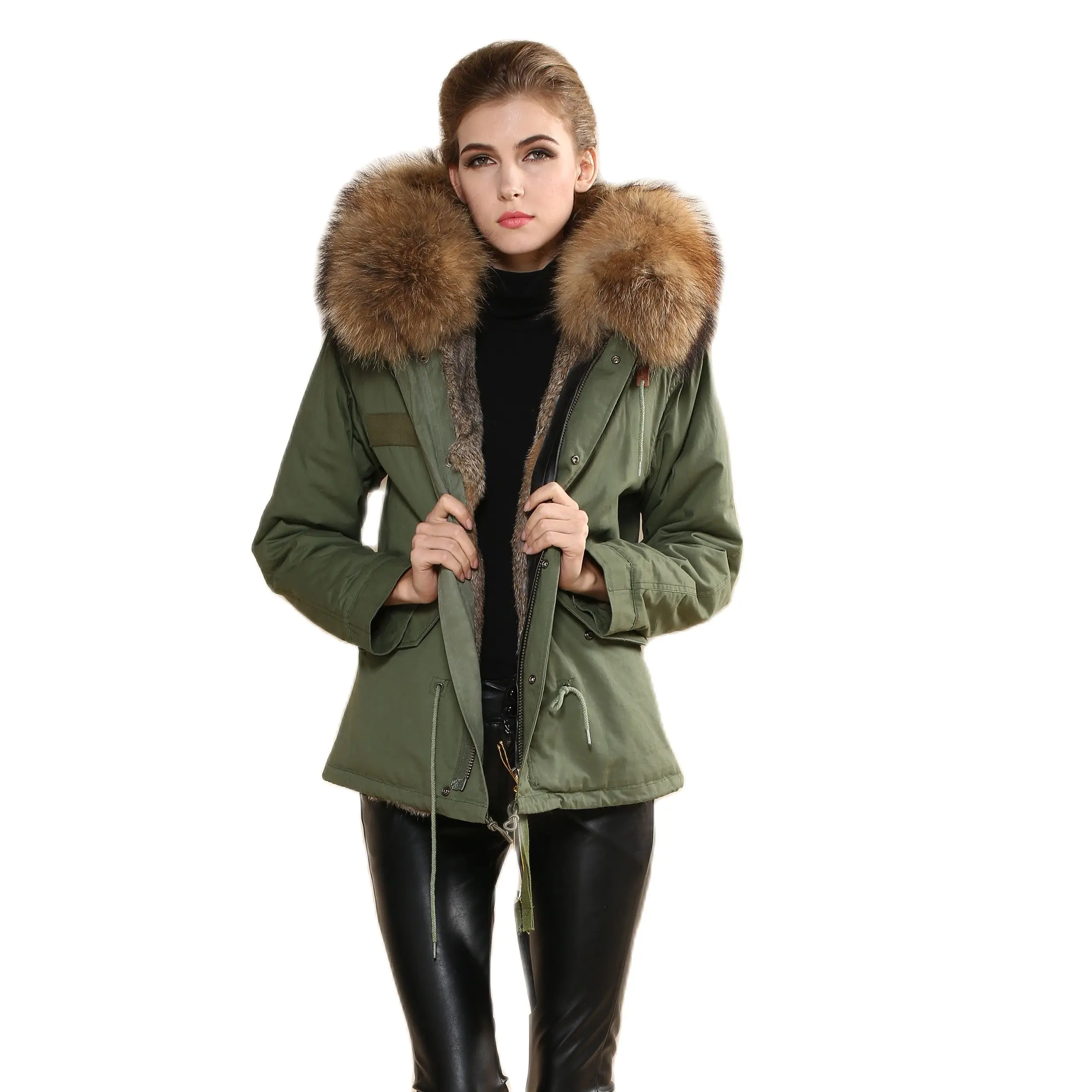 

Luxury Natural Color Real Rabbit Fur Parka Winter Women Coat With Raccoon Fur Collar Fashion