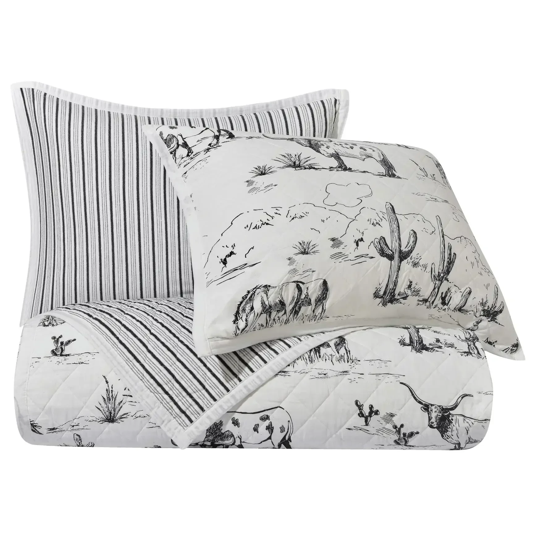 Paseo Road by HiEnd Accents | Ranch Life 3 Piece Quilt Set with Pillow Shams, Super King, White and Black Cowboy Cow Longhorn Ho