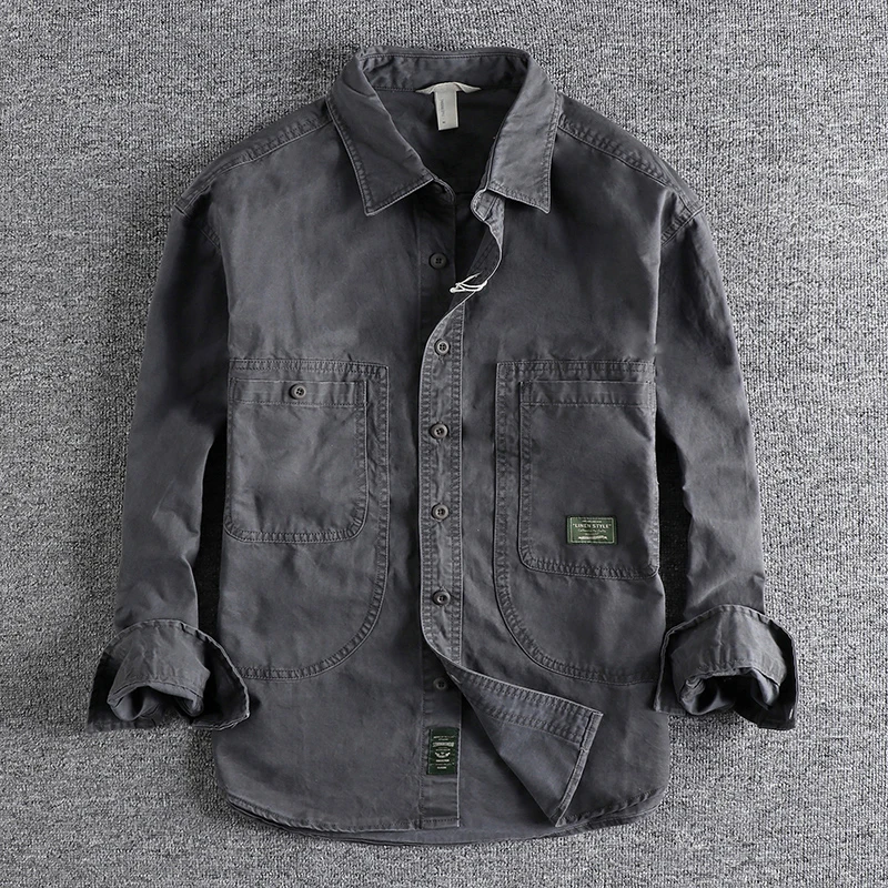 

Tough Guy Style Heavyweight Washed Old Work Shirt Men's American Cargo Styles Daily Casual Versatile Long Sleeve Shirt Jacket