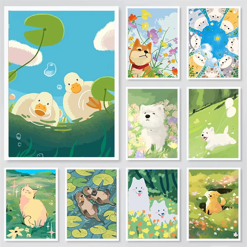 Pintura de diamantes de animales felices en flores, pradera, patos, perros, gatos, imagen artística de pared para decoración de habitación de niños, hogar y guardería