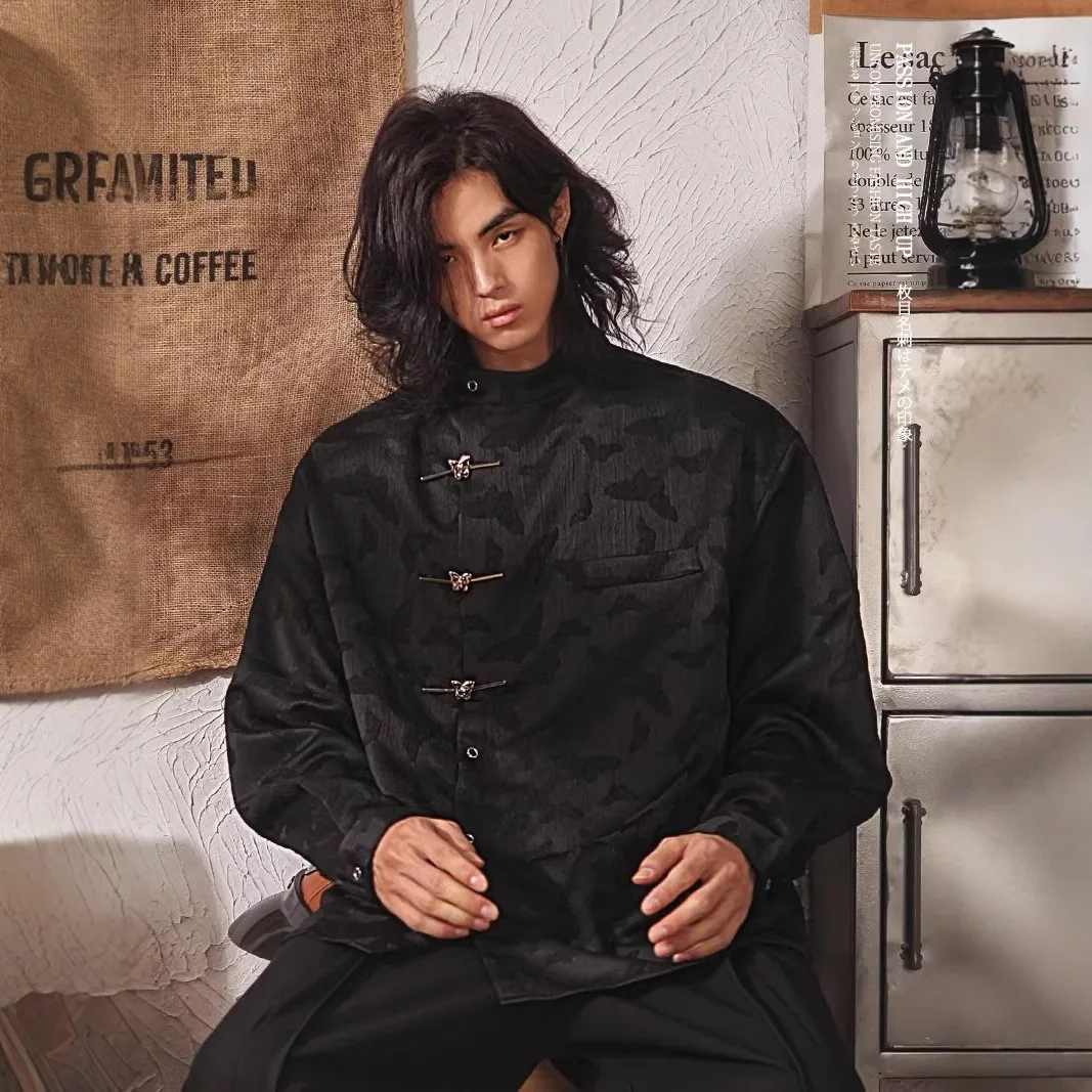 

New Clothing Trendy Chinese-style Butterfly Jacquard Button-up Long-sleeve Shirt For Men Tang-style Shirt Top Men's Denim Shirt