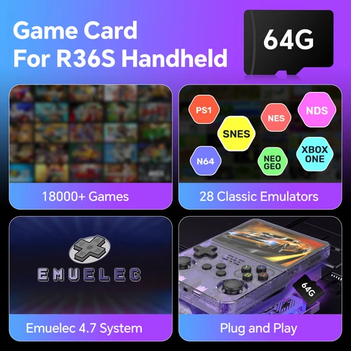 Imagen 2 del producto Tarjeta de juego para R36S con más de 18000 juegos Retro, tarjeta de juego de 64G para PSP/PS1/GB/GBA/GBC/MD/SFC/CPS1/CPS2 EmuELEC4.7, tarjeta de juego Plug & Play