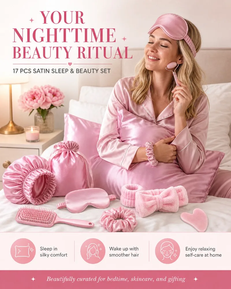 17Pcs Satin Sleep Beauty Set Silk Pillowcase Bonnet Eye Mask Heatless Curling Rod Facial Roller Gua Sha Hair Care Kit