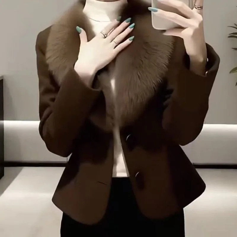 2026 Autumn Winter Coat Fashion Coffee Color Fur Collar Add Cotton Jacket Women New Temperament Waist Cinching Short Top Jacket
