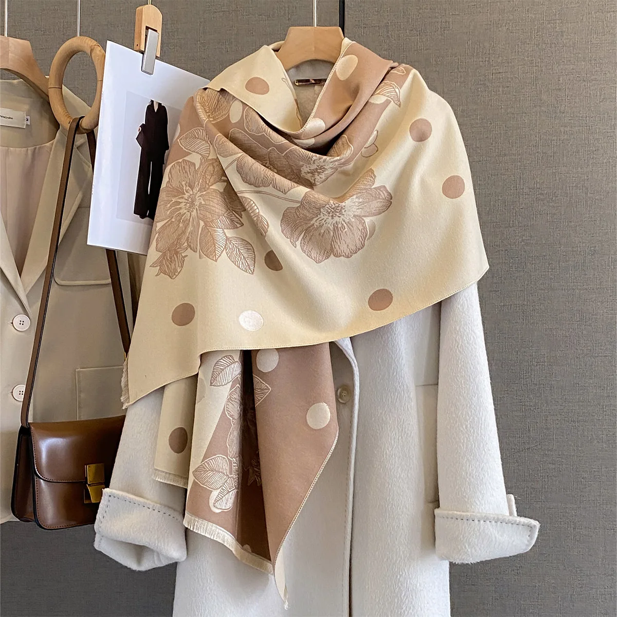 Womens Elegant 100% Silk Polka Dot Floral Color Block Patchwork Scarf Shawl Wrap Fall Winter Warm Soft Versatile For Daily Wear