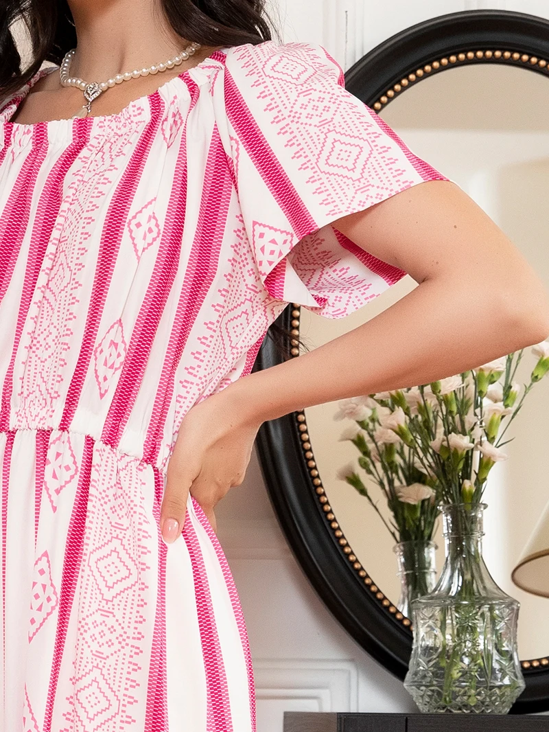 Style de vacances col rond géométrie abstraite manches Raglan robes longues robes roses