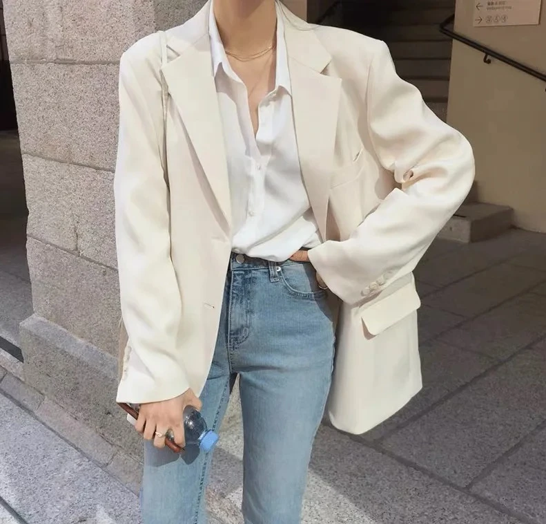 

Spring Autumn White Women's Blazer 2025 New Long Sleeve Single Breasted Korean Casual Loose Outwear Female