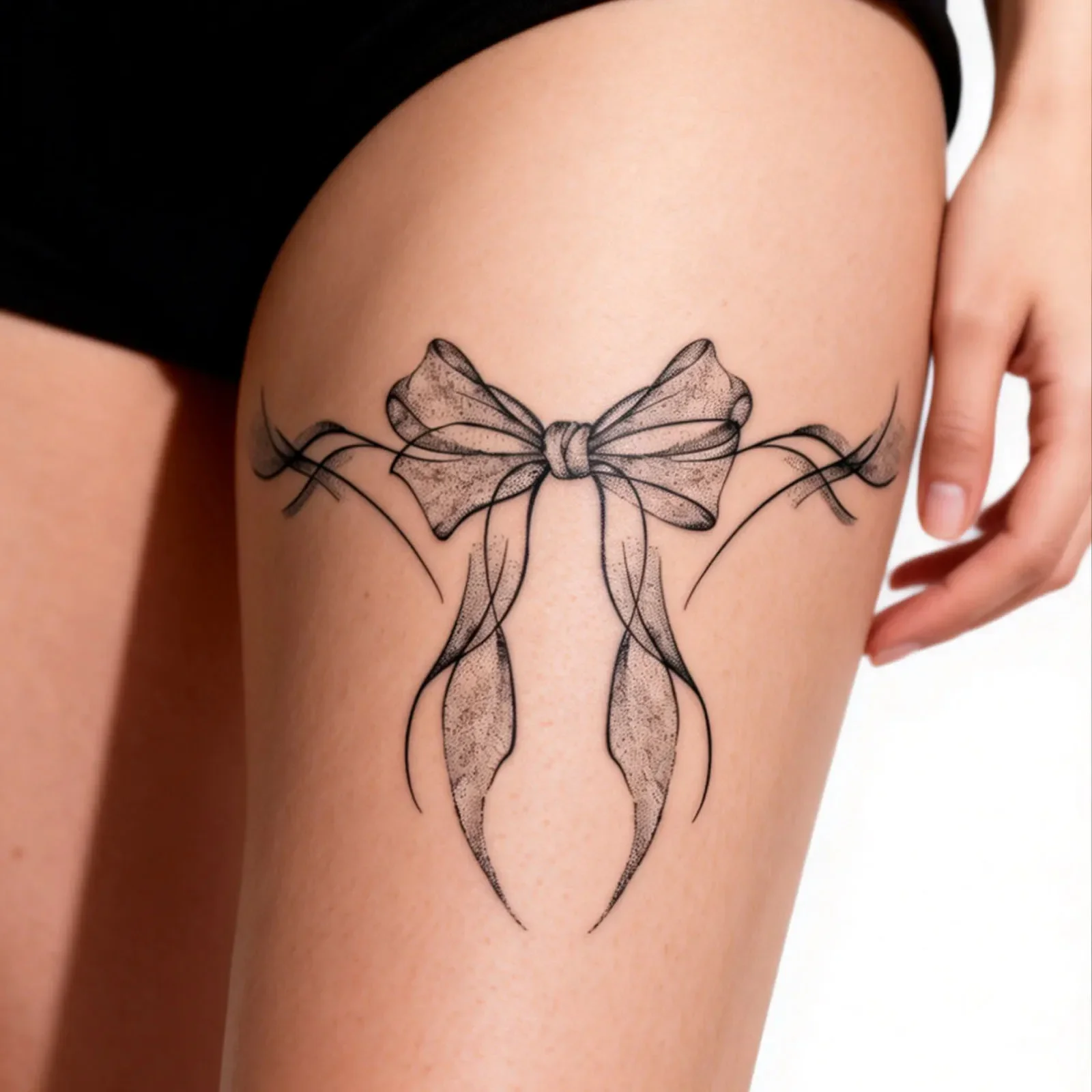 Black Ribbon Bow Thigh Leg Temporary Tattoo Sticker Waterproof Fake Tattoo Body Art for Women