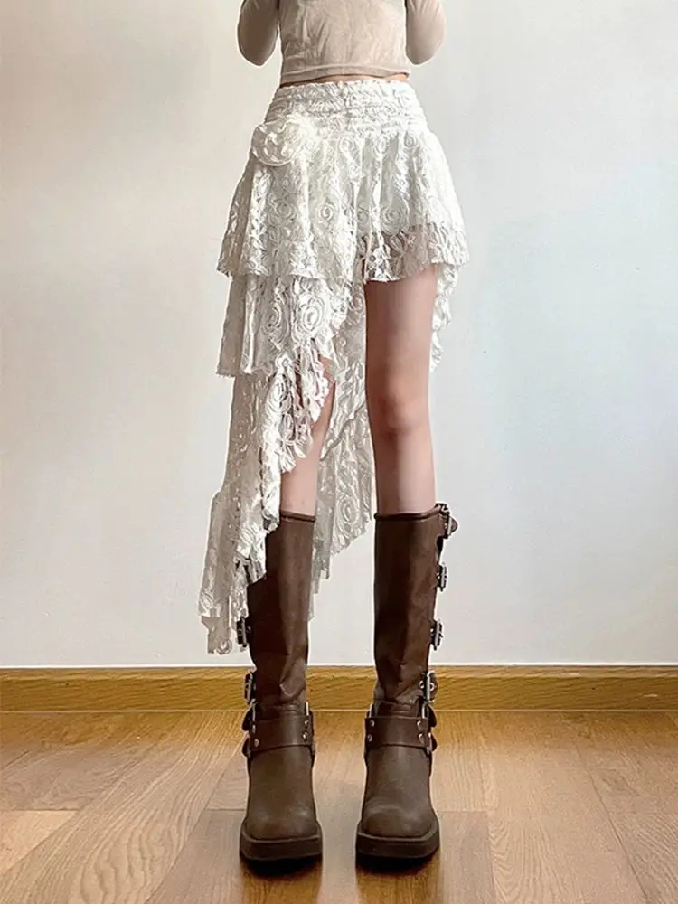 QWEEK Bohemian Beach Casual Lace Irregular Skirts Y2k Aesthetic Design Casual Ruffled Fairy Sexy Harajuku Skirts 2024 Spring Sun