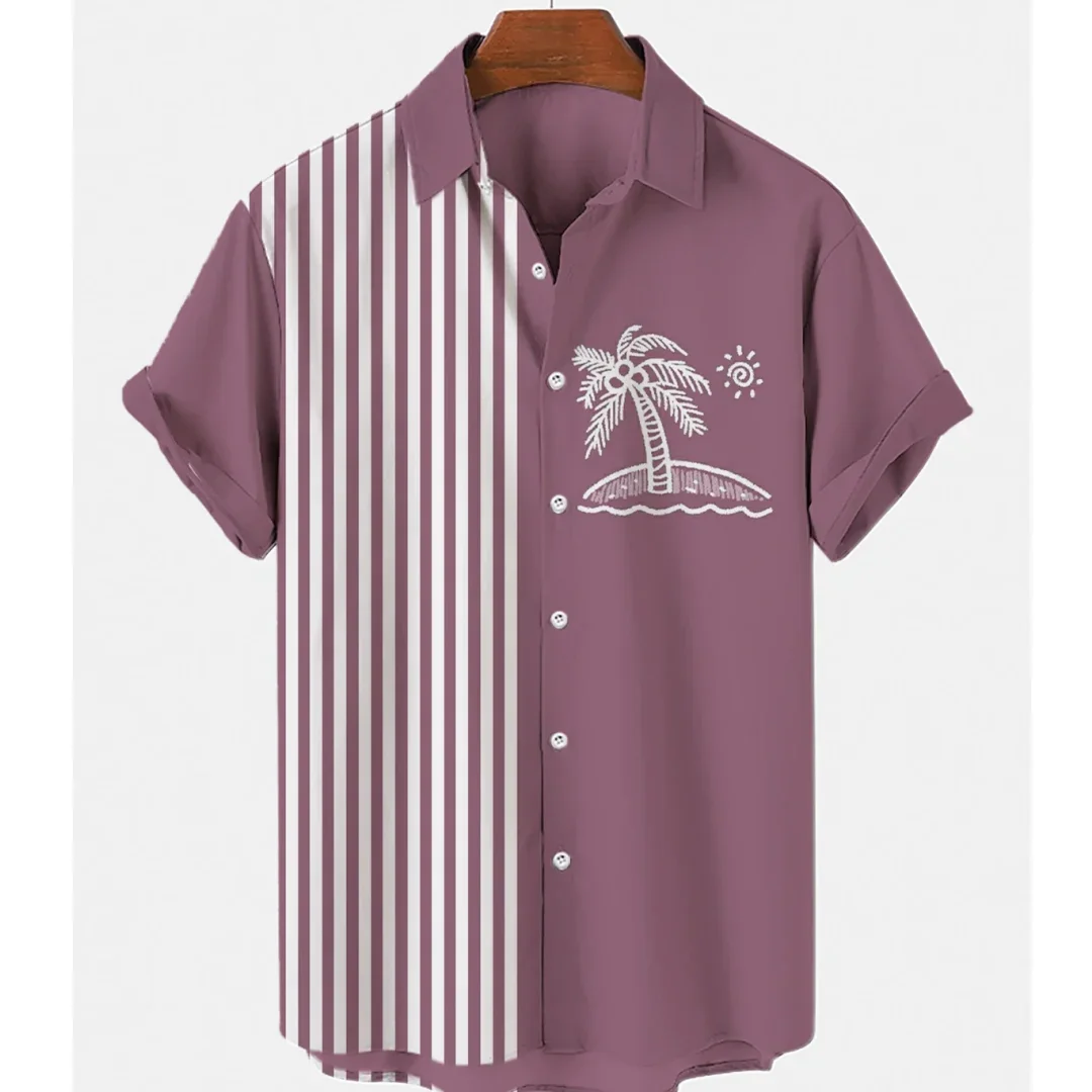 A Hawaiian-style shirt with coconut tree pattern, a short-sleeved casual shirt suitable for men, summer fashion clothing, large-
