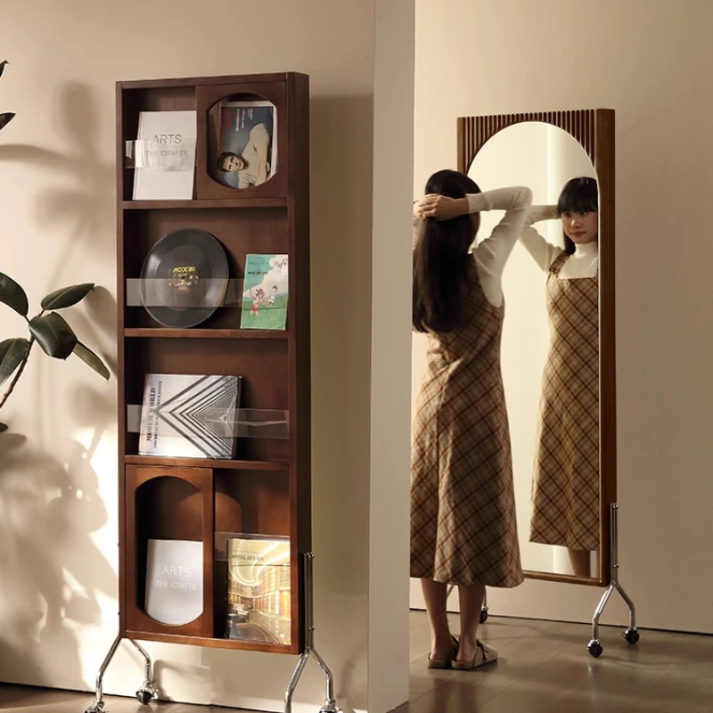 Medium retro style solid wood full body full-length mirror movable floor rotating bookshelf magazine integrated French storage