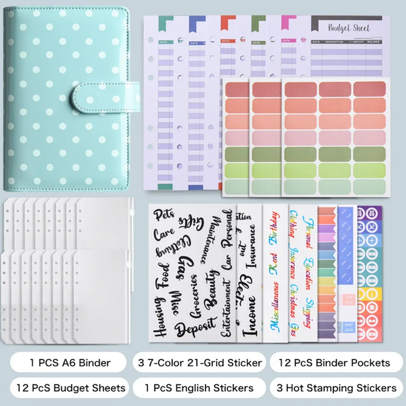 A6 Retro Polka Dot Binder Budget Planning Notebook Cover Folder Binder Pocket Plastic Binder Financial Planner Envelope Set
