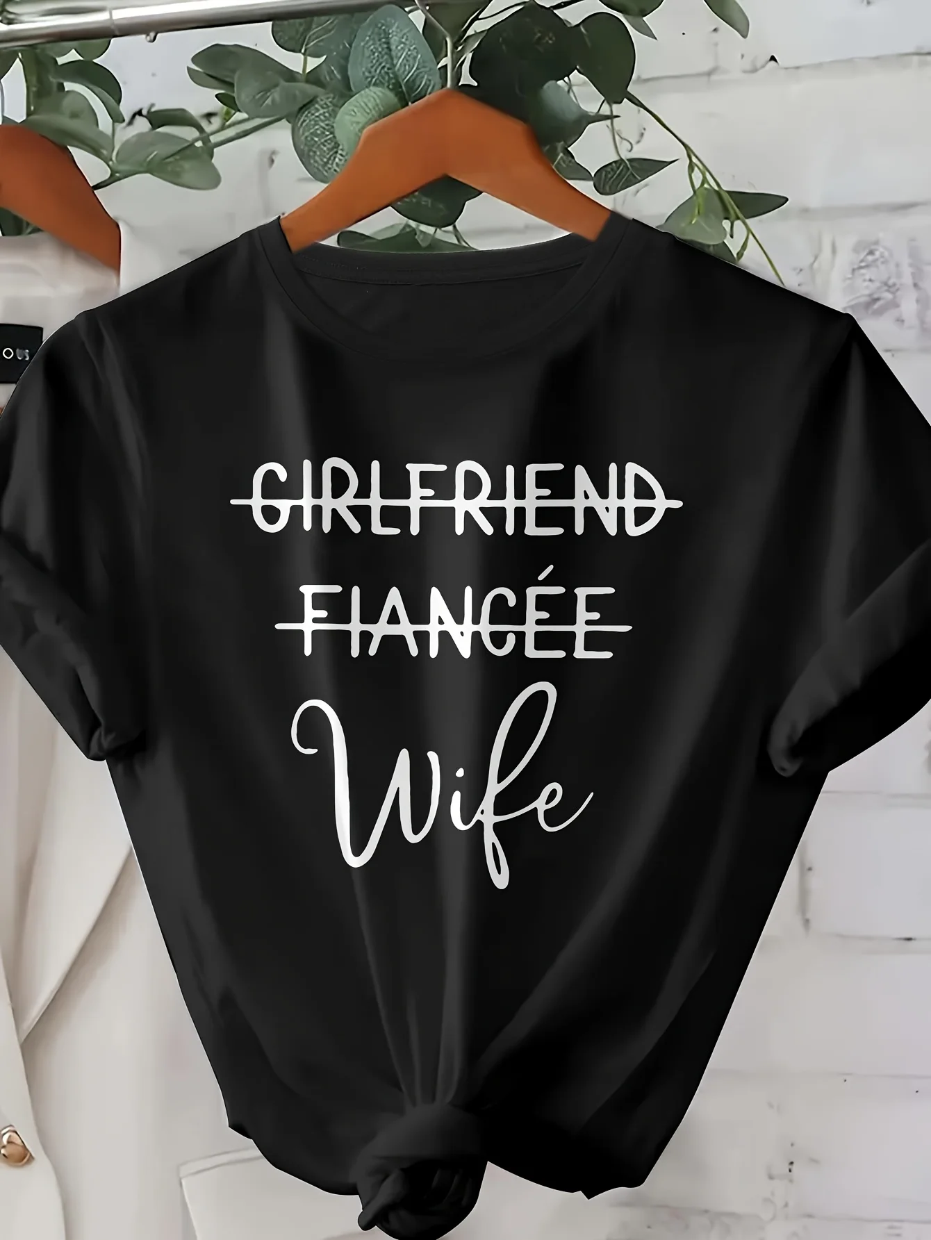 Women's Casual Alphabet Print T-Shirt - Short Sleeve Crew Neck Top, "Girlfriend Fiancee" Design, White