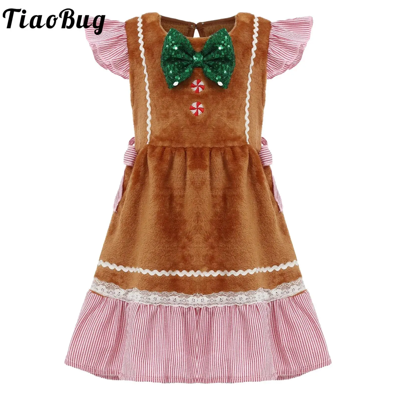 

Little Girls Christmas Gingerbread Man Costume Tutu Dress Bow Tie Fly Sleeve Outfit Xmas Dress for Parties Family Gathering