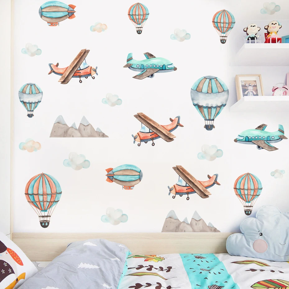 Cartoon Planes Transport Hot Air Balloons Clouds Watercolor Wall Sticker Vinyl Baby Nursery Art Decals for Kids Room Home Decor