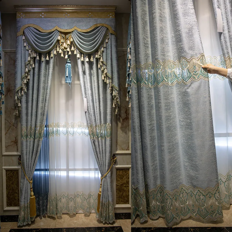 

Custom European living room Luxury modern simple embroidery advanced grey cloth blackout curtain tulle valance drape C1755