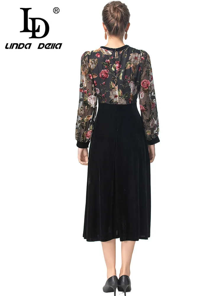 LD LINDA DELLA Women\'s Fashion Commuter Dress Long Sleeved High waist Beading Slim V-neck Floral-Print S-4XL Dresses