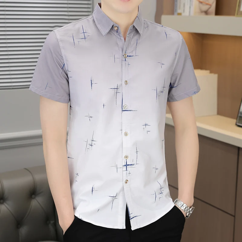 Business Boyfriend Turn-down Collar Gradient Solid Color Button Short Sleeve Printing Cardigan Men\'s Clothing Summer Formal Tops