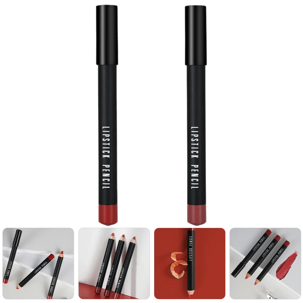 2 ชิ้นฝาปิดกันน้ํา Lip Liner Scry แต่งหน้าลิปสติกดินสอไม้ Matte เครื่องสําอาง