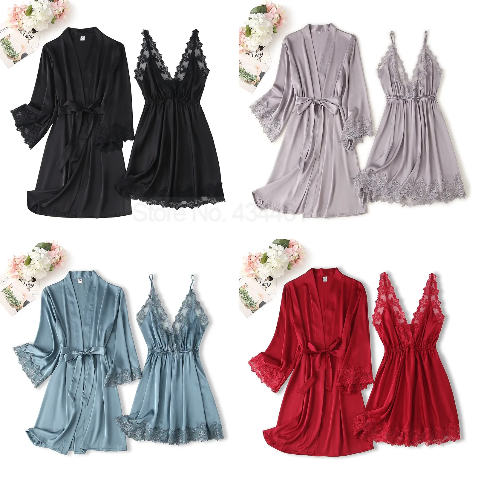 Lace Sleepwear With Sexy Suspender Nightdress Satin Robe Suit Women Rayon Bridal Wedding Two-pieces Sleep Set Summer Nightwear