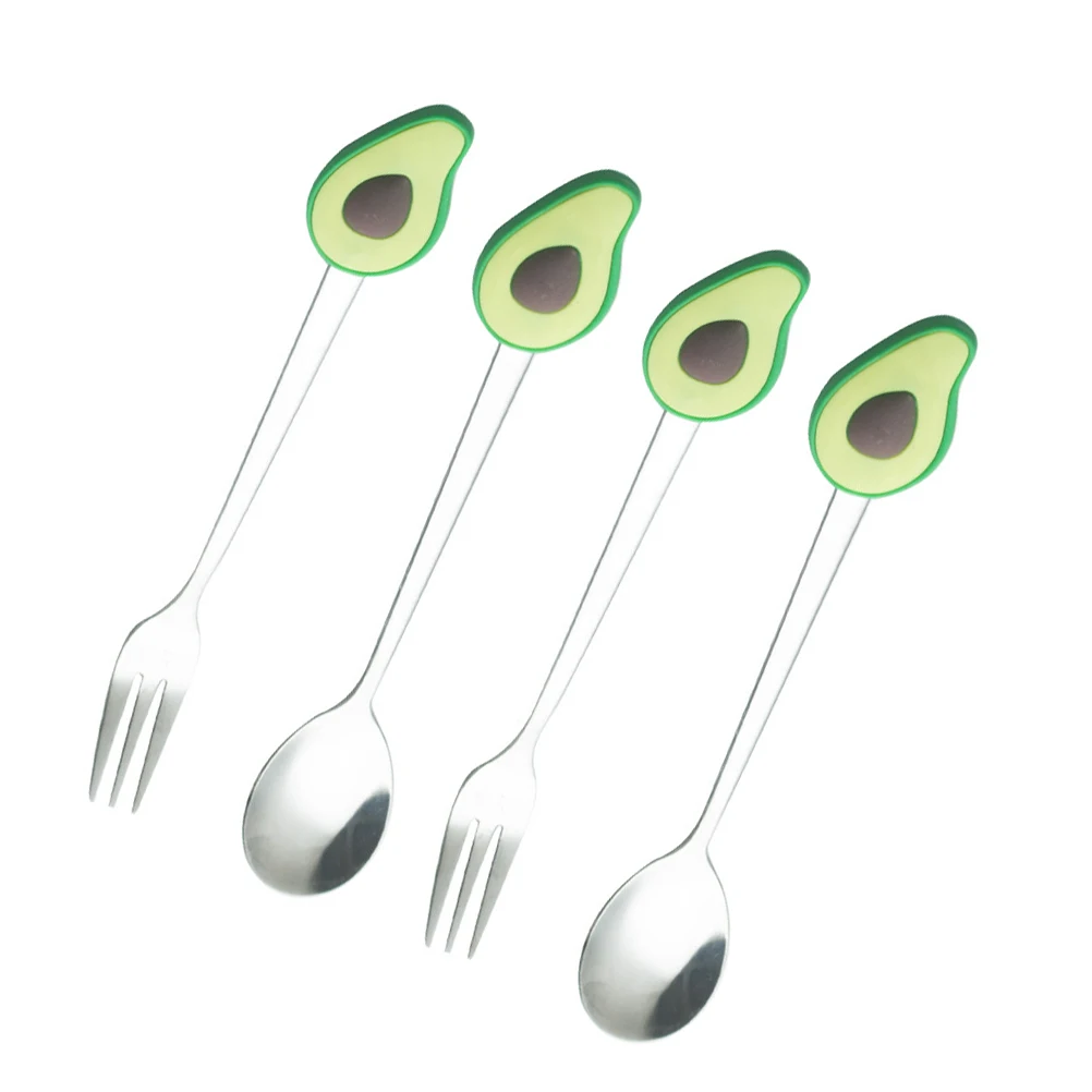 

4pcs Stainless Steel Avocado Fork Spoon Fruit Shaped Tableware Kitchen Supplies Eating Tools For Dessert Restaurant Home Gift