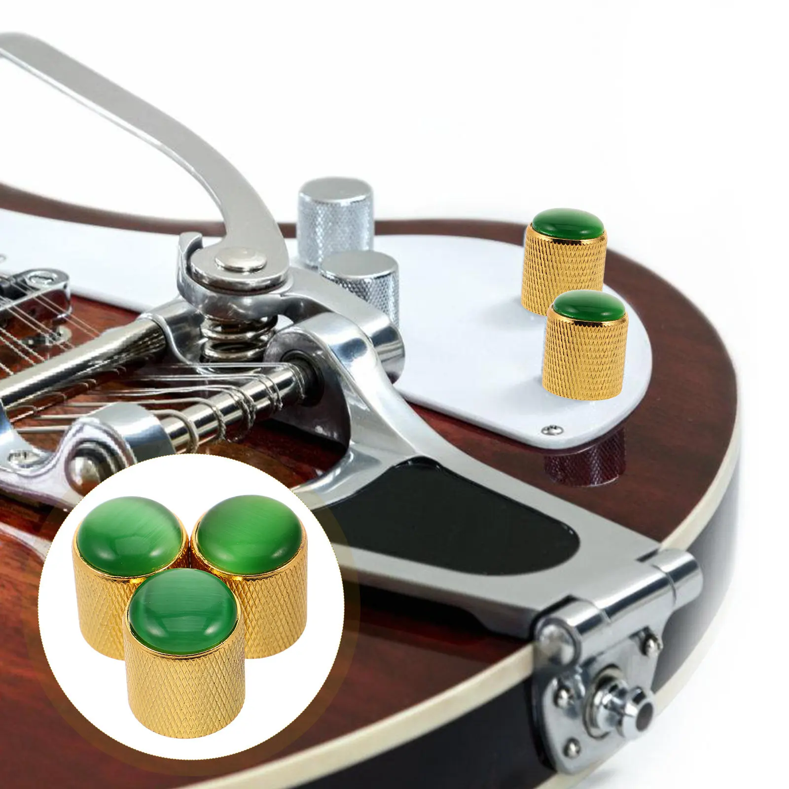 

3Pcs Metal Electric Guitar Knobs Green Cat Eye Design Potentiometer Volume Tone Control Rotary Caps for Stage Studio Practice