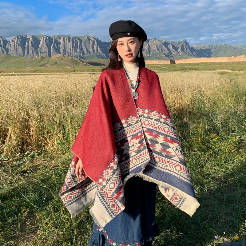 

Casual versatile retro ethnic style scarf with unique short fringes and slit, outdoor comfortable, warm, breathable pullover cap