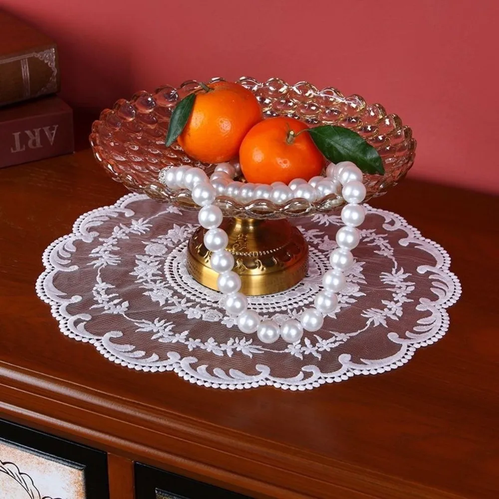 

Luxury Lace Trim Embroidered Table Cover Round Hollow Lace Table Cloth White Doily Coffee Coaster Dinning Table