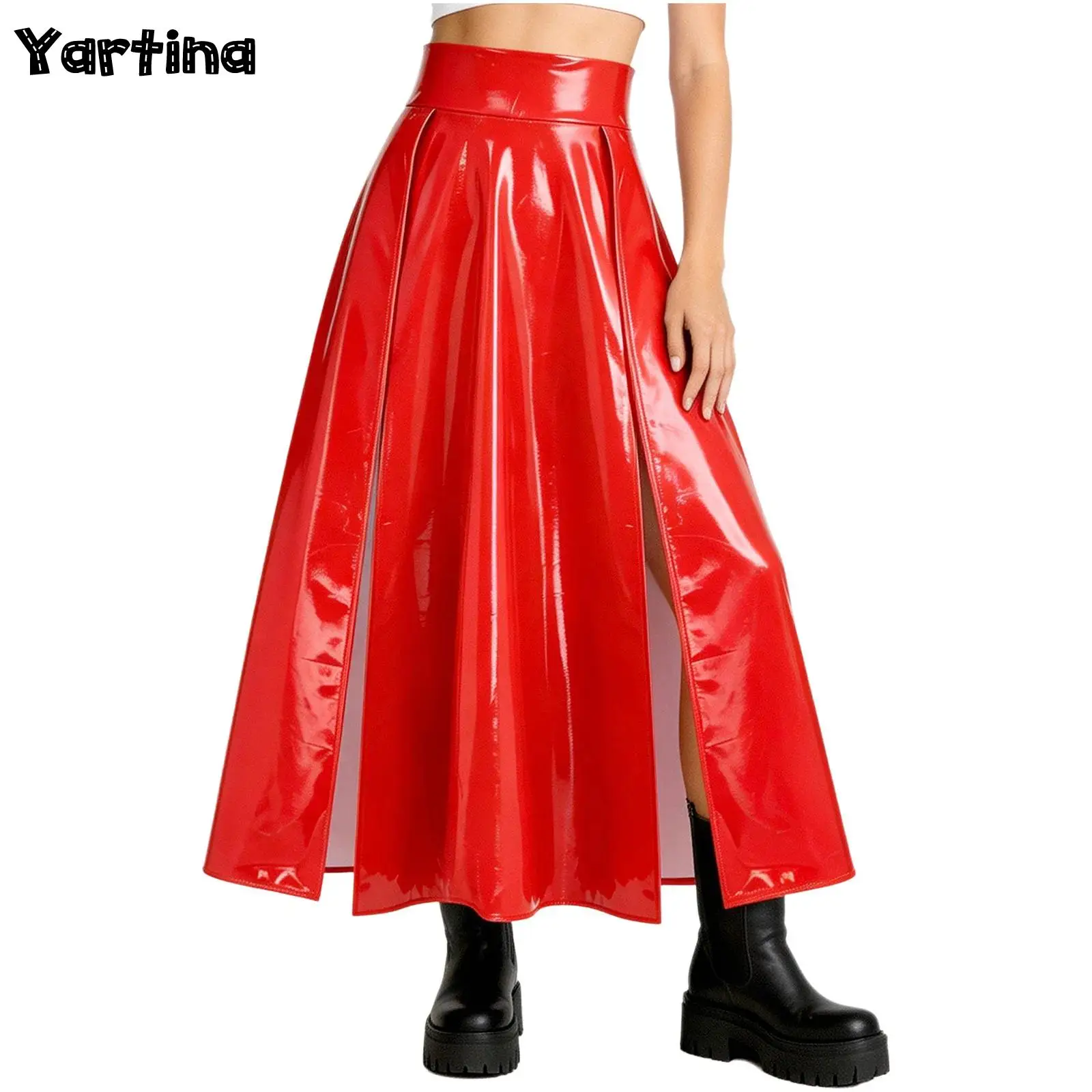 Womens Shiny Patent Leather Latex Long Skirt High Split Back Invisible Zipper High-waisted A‑Line Maxi Skirt Club Rave Costume