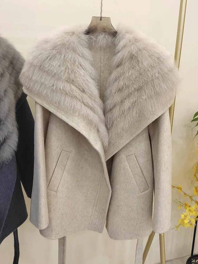 2025 Autumn Winter Real Fox Fur Coat Ladies Outwear Women Female Cashmere Natural Fur Wool Jacket Woolen Luxury Jacket