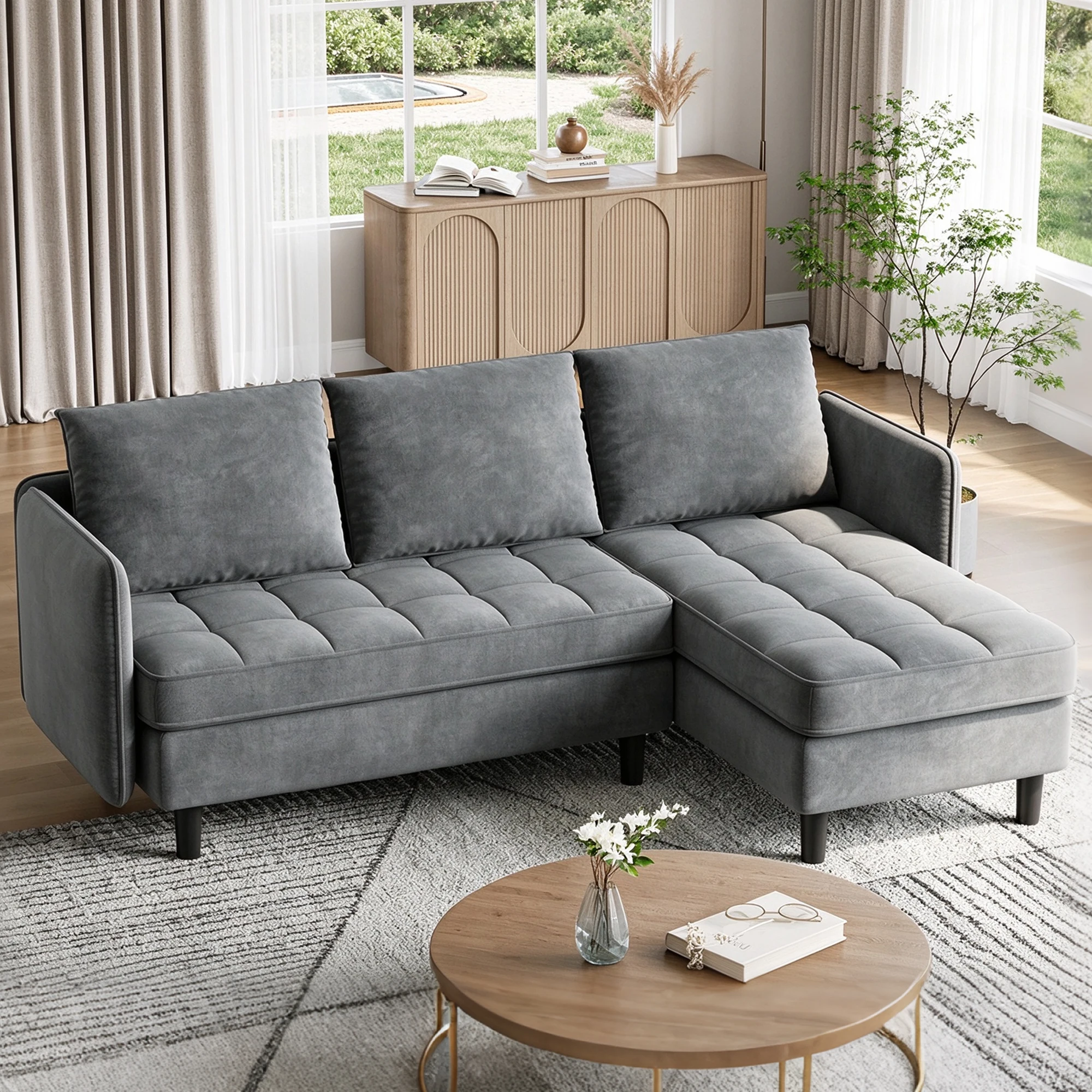 75.59 Inch Reversible L Shaped Sectional Sofa With Storage Ottoman, Chenille Couch For Small Spaces, Apartment Living Room Furniture Modern