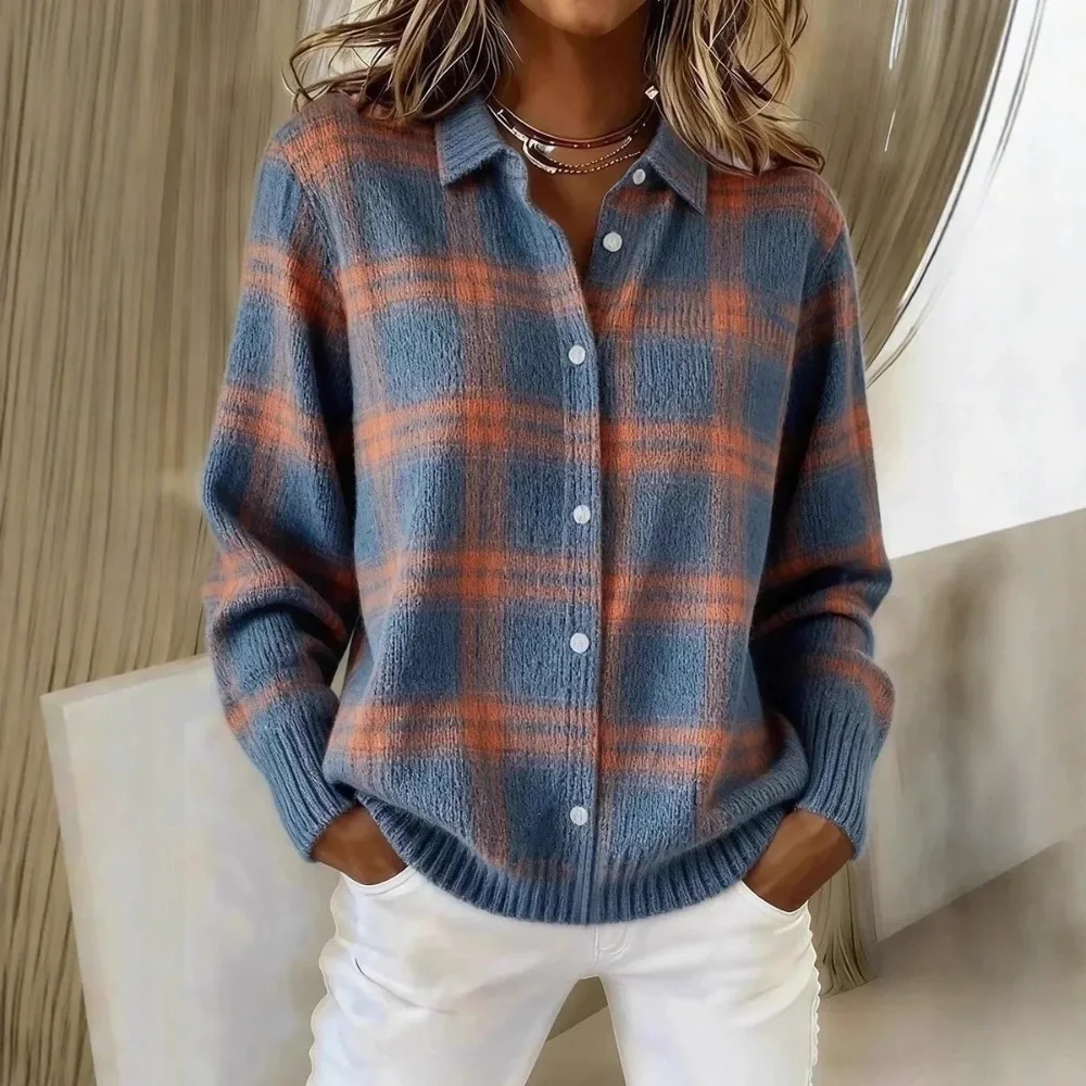 Women Loose Plaid Turn-Down Collar Long Sleeve Pullover Sweater Cardigan Casual Comfortable Autumn Winter