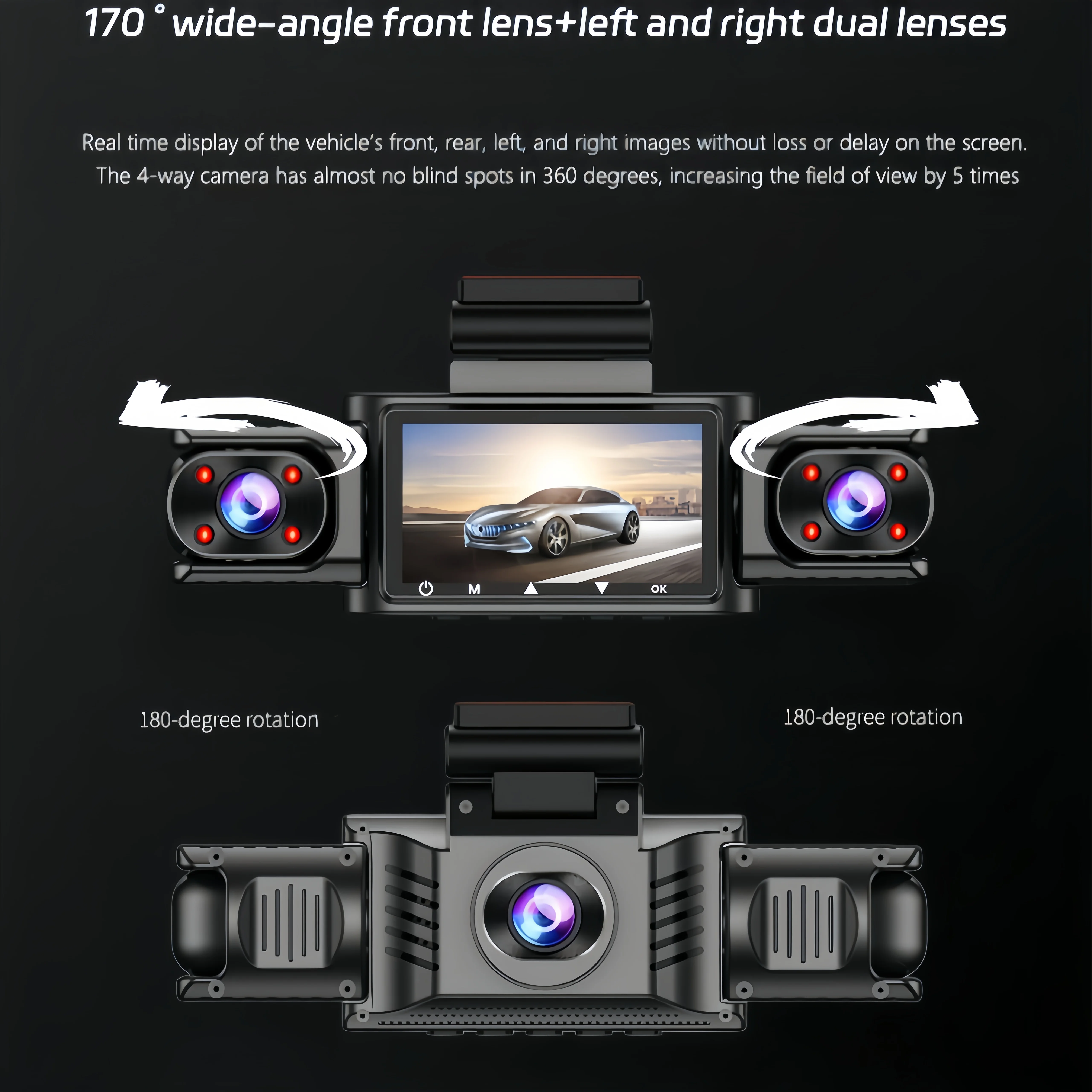 3/4 Channel 360° WiFi Dash Cam, 24H Parking Surveillance, Auto Loop Recording & Motion Detection