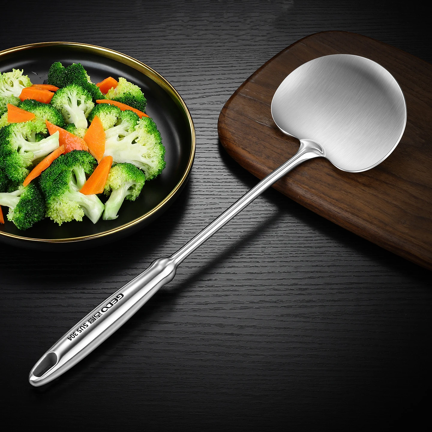 

LFGB Certification 304 Stainless Steel Round Spatula Shovel and Scoop 2 in 1 Kitchen Cooking Tool with Heat Insulation Handle