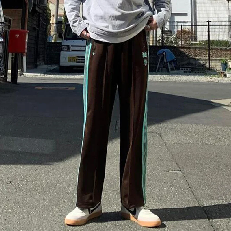 Arrival Sweatpants Butterfly+Letter Logo Embroidery Cotton Track Stripe Zipper Pants Oversize Men Women Brown Trousers