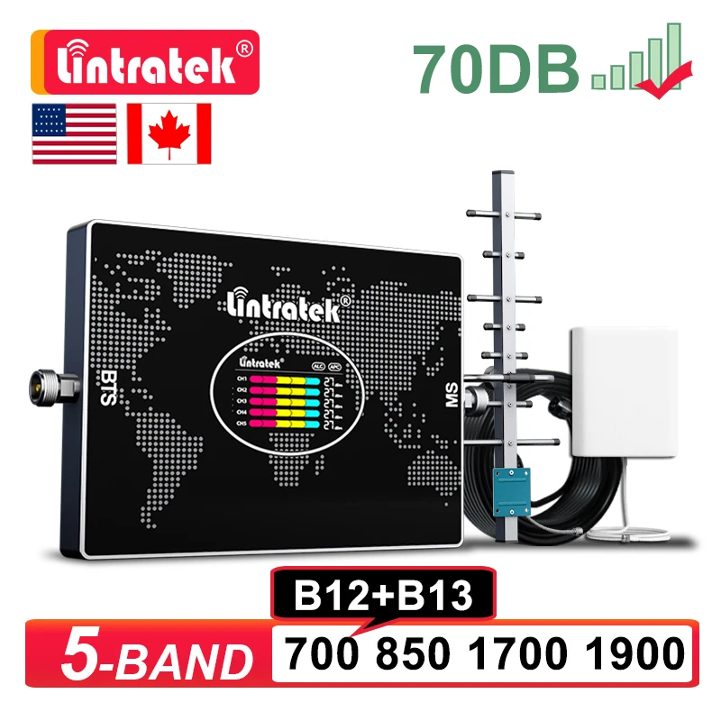 Lintratek 5 Band Cellular Amplifier 2G 3G 4G Cell Mobile Signal Booster B12 B13 700 850 1700 1900 B5 B4 B2 Repeater Antenna Kit