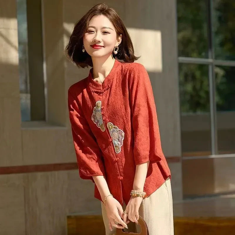 Elegant Long Sleeve Cotton Linen Shirt Women Loose Sun Protection Cardigan Commute Chinese Style Embroidery Loose Shirt