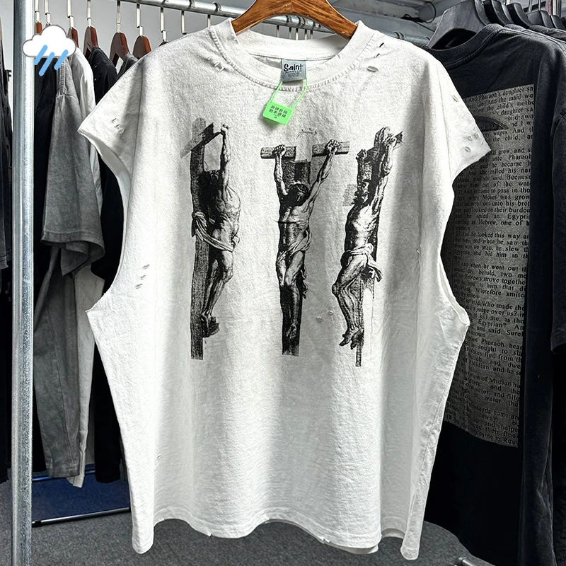 Camiseta Vintage lavada con pulverizador sucio para hombre y mujer, camiseta de gran tamaño de moler manualmente, camiseta sin mangas de algodón de alta calidad dañada SAINT