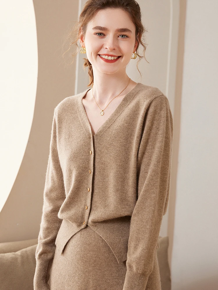 

MEETCC Spring Autumn Women 100% Cashmere Cardigan Short Style Button Sweater Office Lady V Neck Cashmere Knitwear Tops Clothing