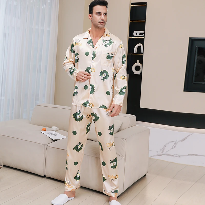 Heren Pyjama Lange Mouwen Zomer Ijs Mooi Huis Kleding Heren Lente En Herfst Casual Dun Vest Kan Slijten Twee Pakken