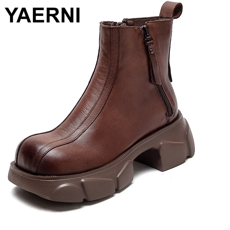 

NEW Autumn Women Boots Split Leather Shoes for Women Round Toe Chunky Heel Designer Boots Platform Shoes Belt Buckle Girls Boots