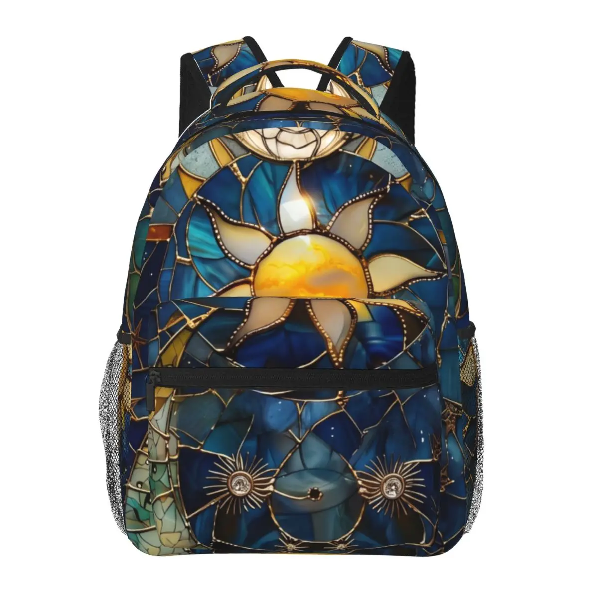 Punk Printed Backpack Center Stained Glass Celestial Mosaic Dark Blue Multi Cool Bookbag for Girls Boys College Travel Daily Men