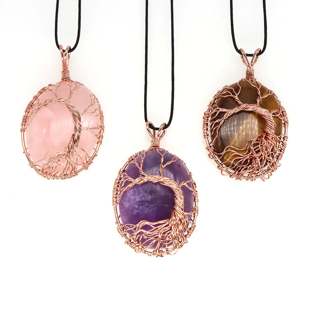 

Tree of Life Necklace Pendant Oval Cabochons Bead Wire Wrap Handmade Crafts Natural Stones Amethyst Crystal Healing Jewelry Gift