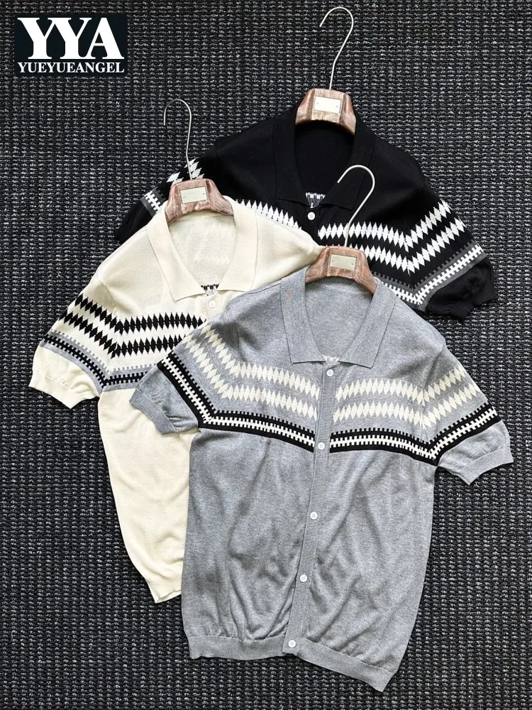 Summer Mens Thin Style Knitted Tops Leisure Breathable Short Sleeve Cardigan Single Breasted Lapel Collar Male Comfortable Tees